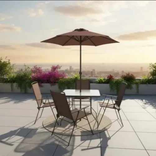 Jogo 4 Cadeiras De Aço Guarda Sol Mesa Jardim Marrom - SEM VIDRO