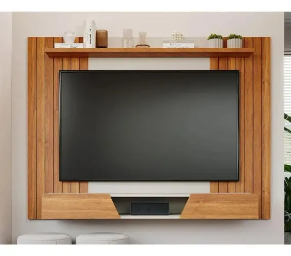 Painel Compacto Para Tv Até 70 Polegadas Cinamomo Off White Detalhe Ripado - Em Oferta