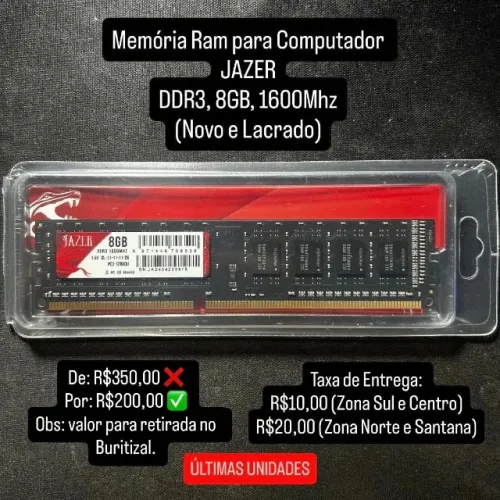 Memória Ram p/ PC JAZER, 8GB, DDR3, 1600Mhz (Novo e Lacrado) PROMOÇÃO