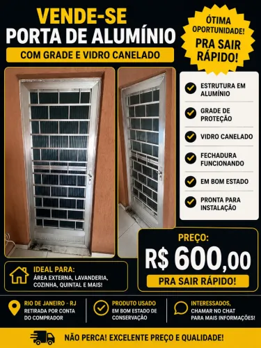Vende-se porta de alumínio com grade de vidro canelado.