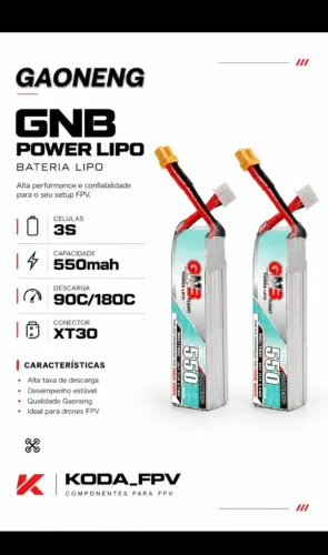 2 Baterias GNB Gaoneng Lipo 3s 550mah 90C/180C plug XT30 para drones FPV Descrição abaixo