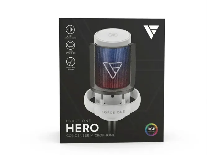 Microfone Gamer Force One Hero USB RGB Botão De Mute Condensador Branco