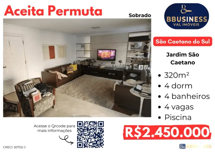 Sobrado à Venda com piscina, 4 quartos, sendo 2 suítes - Jardim São Caetano, São Caetano d