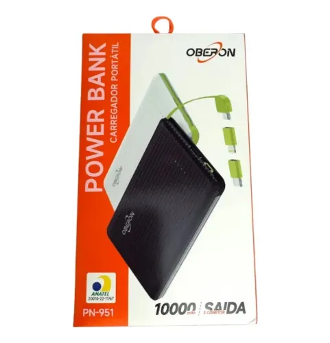 POWER BANK OBERON ? 10000mAh | 3 Cabos Embutidos iPhone + Android + Type-C Homologada