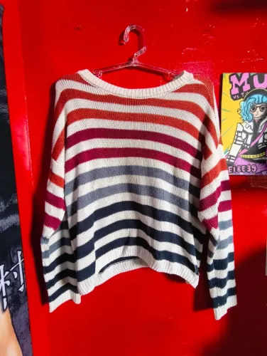 Blusa Tricô Listrada Colorida Oversized M - Perfeita!