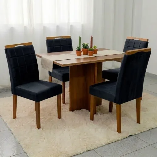 Mesa de Jantar 100x80cm 4 Lugares Veludo Preto