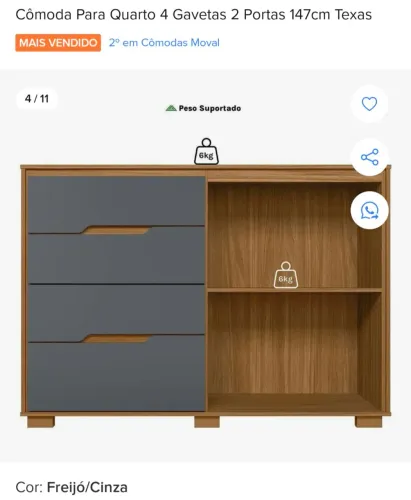 Cômoda 4 gavetas, 2 portas, 1,47m x 0,47m - Nova