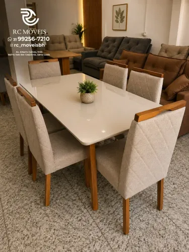 Mesa de jantar 1,70x0,90 Tampo Vidro Laqueado + 6 Cadeiras Madeira maciça