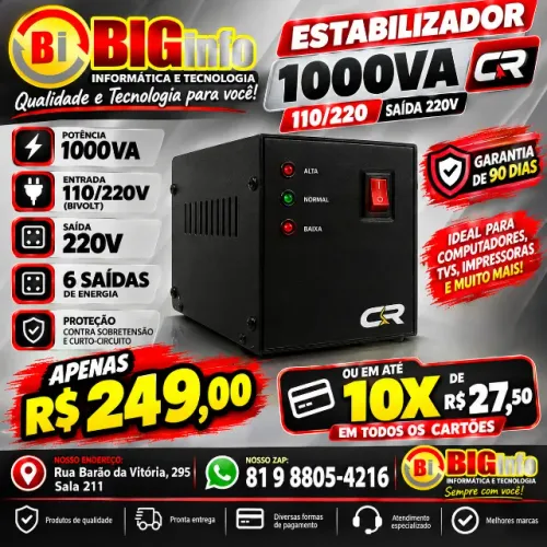 Estabilizador 1000va Cr I 110/220 Saida 220v Preto 6 Saidas - Em ate 10x Fixas 