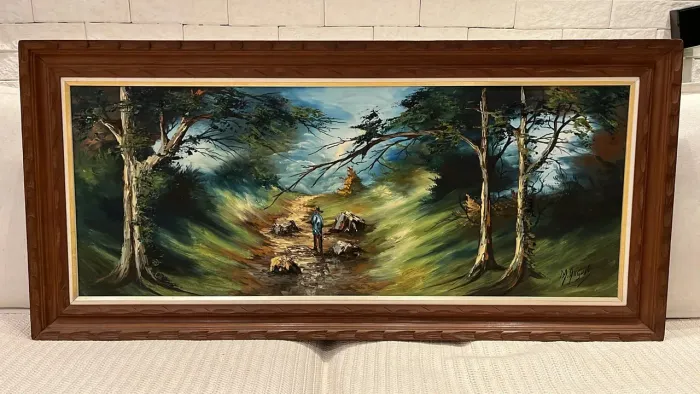 Pintura sobre tela, panorâmico, madeira maciça, caminho na mata com viajante, 121 X 61.