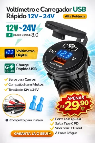 VOLTÍMETRO + CARREGADOR USB RÁPIDO 12V~24V ? R$ 29,90