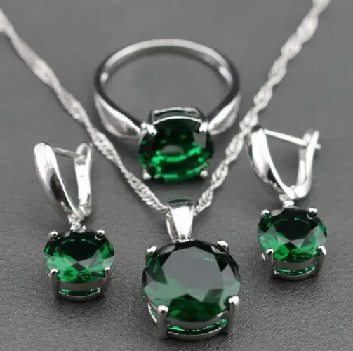 Conjunto Colar + Brincos + Anel Esmeralda em Prata 925 + Caixinha de Brinde (100% NOVO)