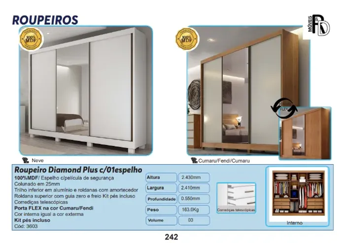 Roupeiro Guarda Roupa Diamond Plus 1 Espelho 100% MDF