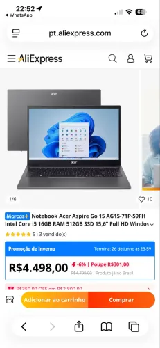 Notebook Acer Aspire 5 A515-57-51US Intel Core i5 16GB RAM SSD 512GB 15,6" Full HD
