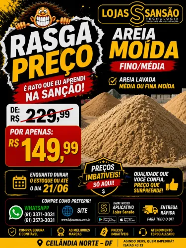 Areia lavada fina ou média