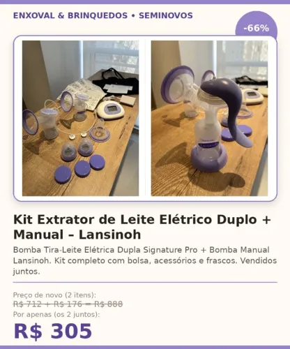 Kit Extrator de Leite Elétrico Duplo + Manual - Lansinoh