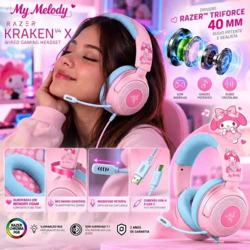 Headset Gamer Razer Kraken V4 X My Melody RGB 7.1 USB 40mm<br>