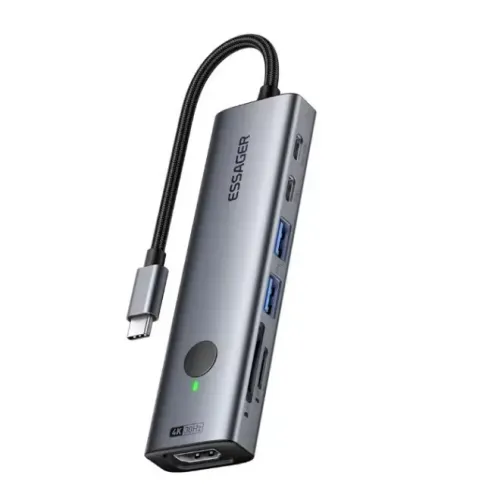 Hub Usb-c Essager 7 Em 1 Adaptador Hdmi 4k Leitor Cartão Sd Cinza-escuro