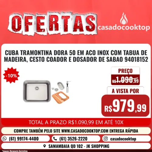 CUBA TRAMONTINA DORA 50 EM ACO INOX COM TABUA DE MADEIRA, CESTO COADOR E DOSADOR DE SABAO