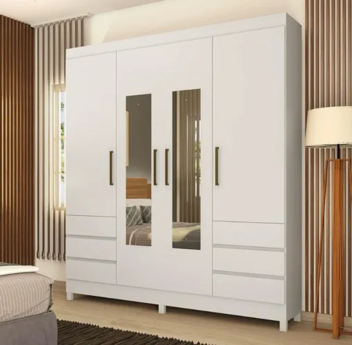 Guarda-Roupa Demóbile Mônaco com 4 Portas, 6 Gavetas e Espelho - 195cm de largura.