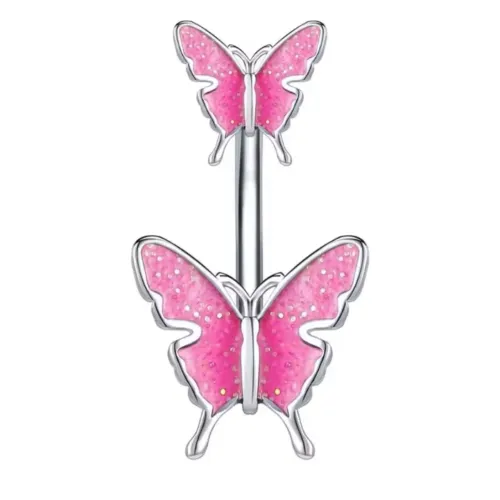 Piercing de Umbigo Borboleta Rosa em Aço Cirúrgico - Novo