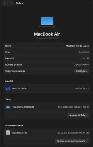Macbook M3, 16GB RAM, SSD 255Gb - usado NOVO