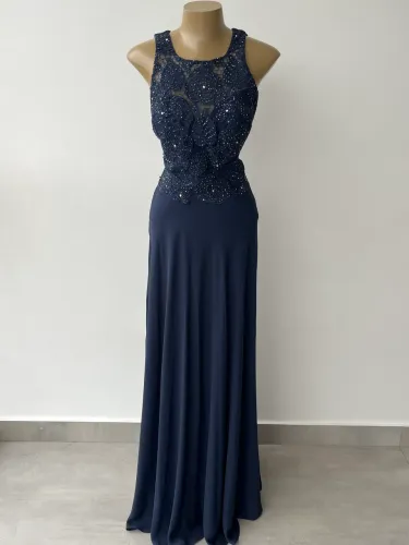 Vestido longo de festa azul marinho com bordados