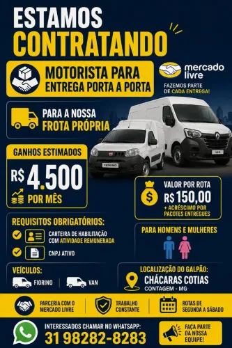 ? Contrata-se Motorista Fiorino e Van | Ganhos em média R$ 4.500