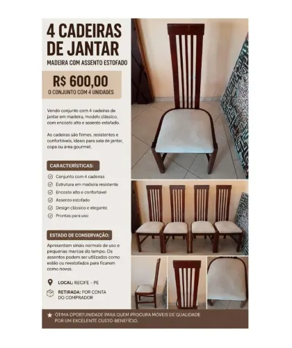 4 Cadeiras de Jantar em Madeira com Assento Estofado