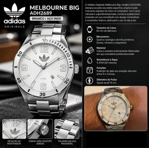 Relógio Adidas Originals Melbourne Big, modelo ADH2689 BRANCO