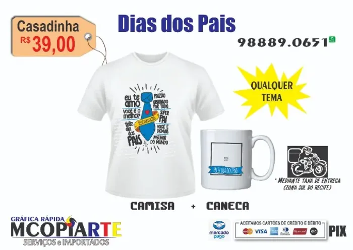 kit dia dos pais camisa branca + caneca de porcelana personalizada (por encomenda)