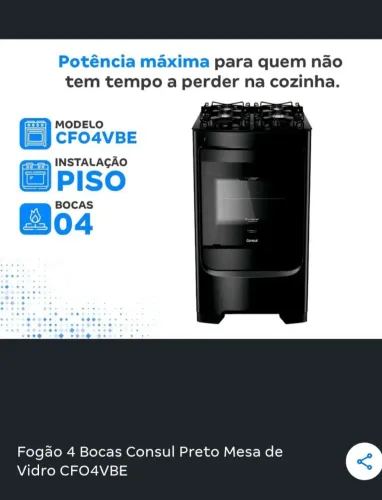 Fogão 4 Bocas Consul Preto Mesa de Vidro CFO4VBE