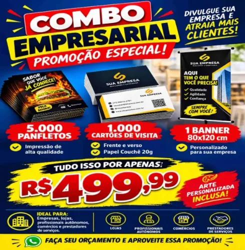 Combo empresarial: 5000 panfletos + 1000 cartões de visita + 1 banner 80x120