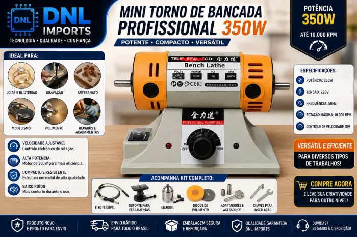 Mini Torno de Bancada Profissional 350W - Compacto, Potente e Versátil
