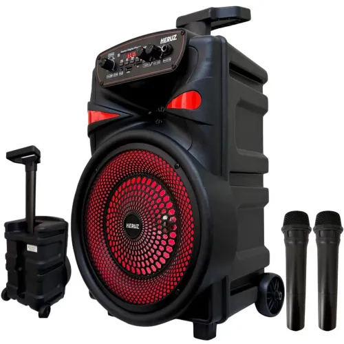 Caixa de Som Amplificada 2000w com Rodinha e 2 Microfones Sem Fio LED MP3heruz hz 7