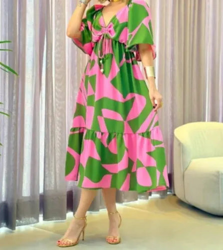 Vestido Midi Verde e Rosa