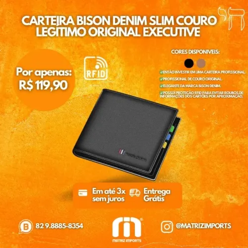 Carteira Slim Bison Denim Couro Legítimo Original Executive