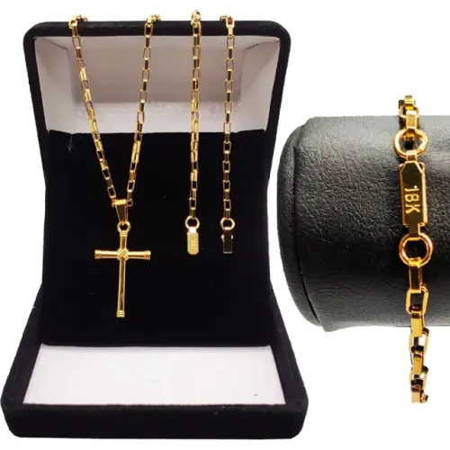 Corrente banhada ouro 18k + pulseira banhada + crucifixo banhado18k