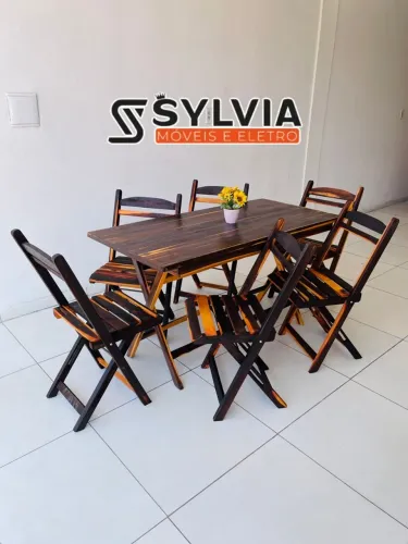 Conjunto dobrável 6 lugares envernizado