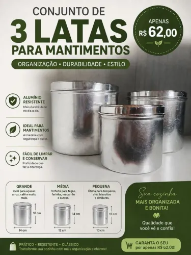 Jogo c/ 3 latas para mantimentos em aluminio