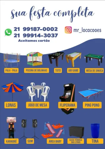 Aluguel de mesas e cadeiras, lona, Karaokê, sinuca, air game, totó, fliperama, área baby