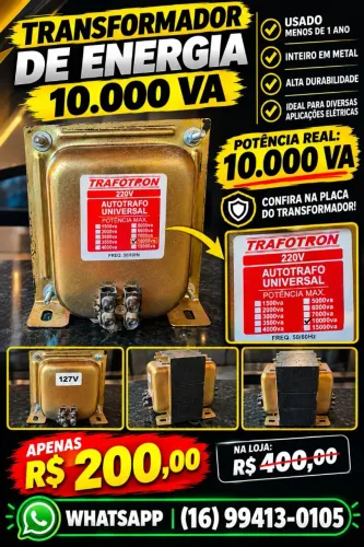 TRANSFORMADOR DE ENERGIA 10.000 VA TODO EM METAL