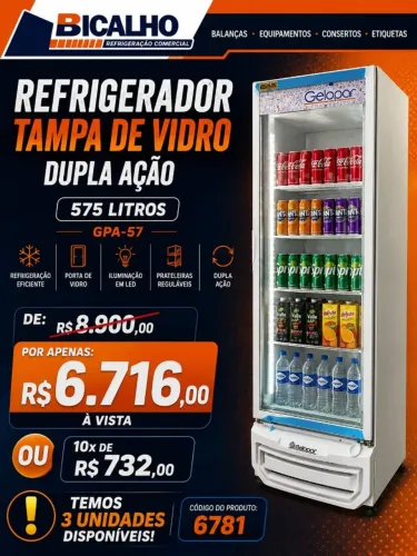 REFRIGERADOR DUPLA AÇÃO GELOPAR PORTA DE VIDRO 575LITROS