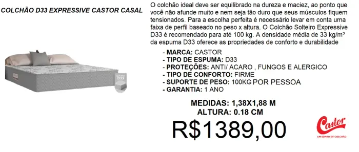 Colchão de casal castor reposição 18 cm de altura - a pronta entrega