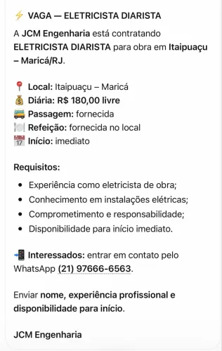 VAGA ? ELETRICISTA DIARISTA