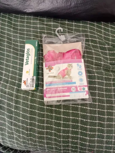 Roupa pos cirúrgica gato e pomada cicatrizante 
