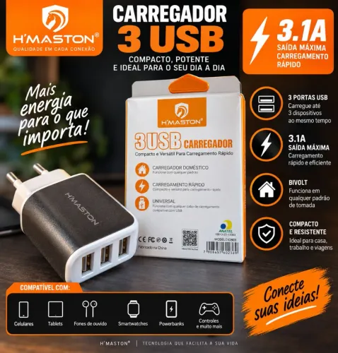 Carregador H?Maston CB03 3 Portas USB 3.1A - Carregamento Rápido