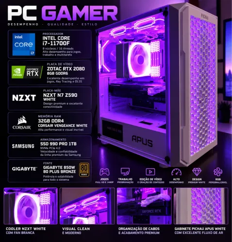 PC Gamer i7-11700F + RTX 2080 8GB + 32GB RAM + SSD 990 PRO 1TB | White RGB