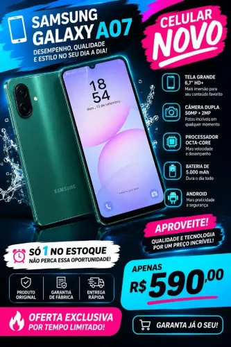 Celular Samsung Galaxy A07 128GB Verde 4GB RAM Tela 6,7" Câm. Dupla + Selfie 8MP
