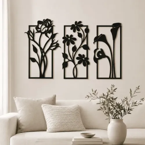 Kit 3 Quadros Mdf Florais Vazados Sala Quarto Para Parede